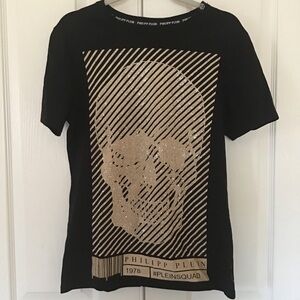 Philipp Plein gold sequin skull shirt with logo M